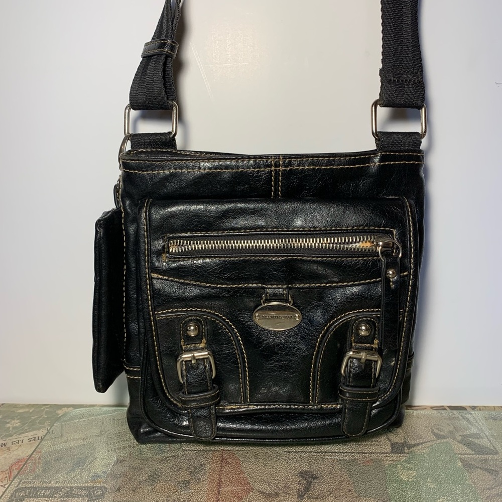 Gently loved Frank Sarto crossbody crossover shoulder bag black animal print